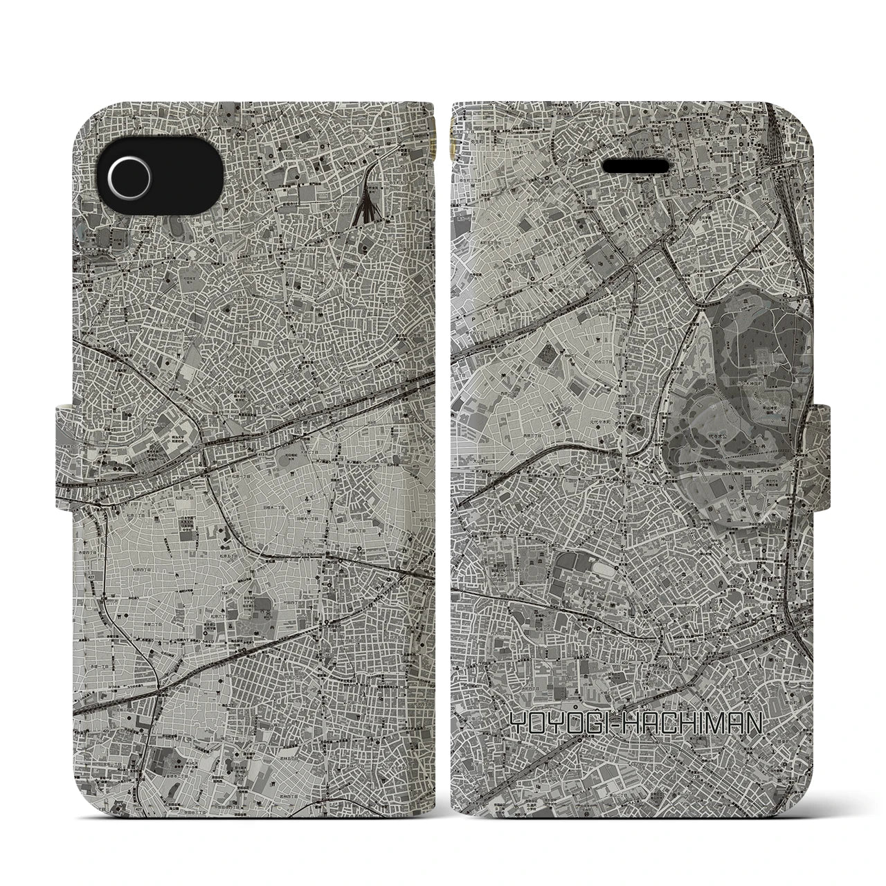 【代々木八幡(東京都)】地図柄iPhoneケース(手帳タイプ)モノトーン・iPhone SE(第3 / 第2世代) / 8 / 7 / 6s / 6 用