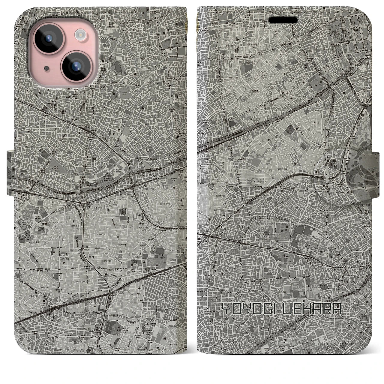 【代々木上原(東京都)】地図柄iPhoneケース(手帳タイプ)モノトーン・iPhone 15 Plus 用