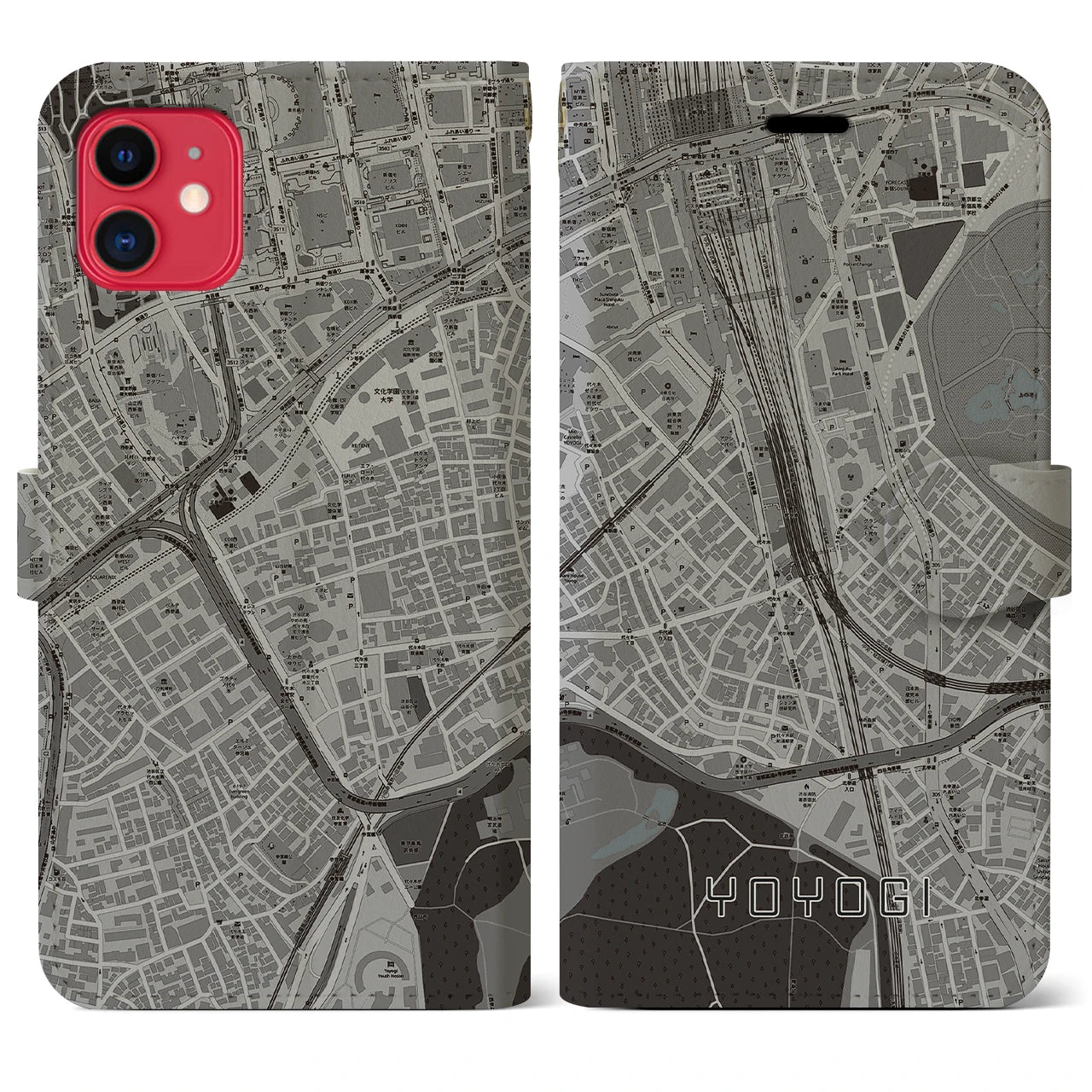 【代々木2(東京都)】地図柄iPhoneケース(手帳タイプ)モノトーン・iPhone 11 用
