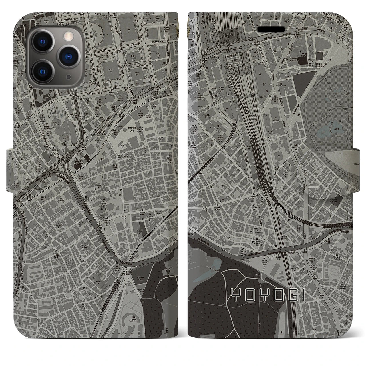 【代々木2(東京都)】地図柄iPhoneケース(手帳タイプ)モノトーン・iPhone 11 Pro Max 用