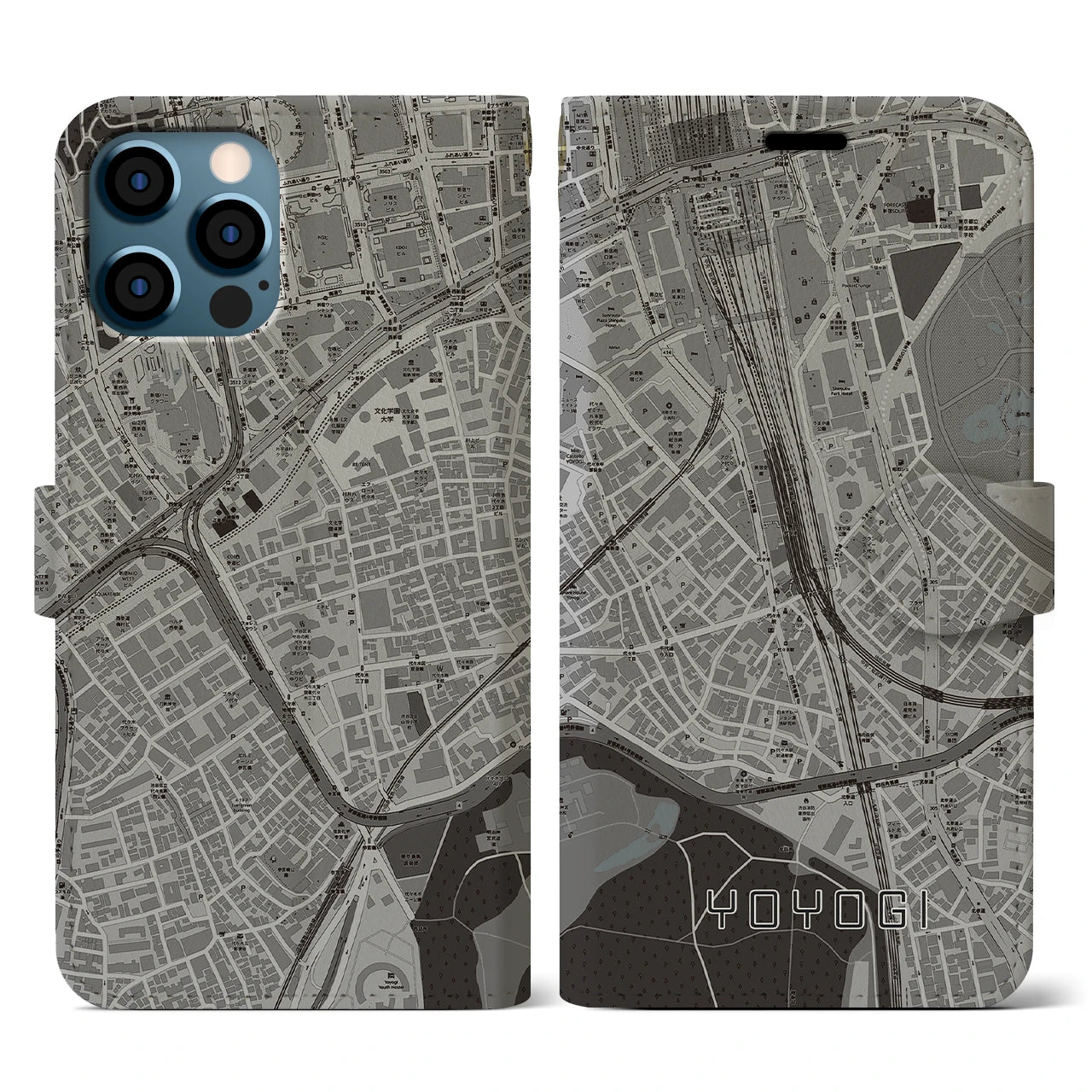 【代々木2(東京都)】地図柄iPhoneケース(手帳タイプ)モノトーン・iPhone 12 / 12 Pro 用