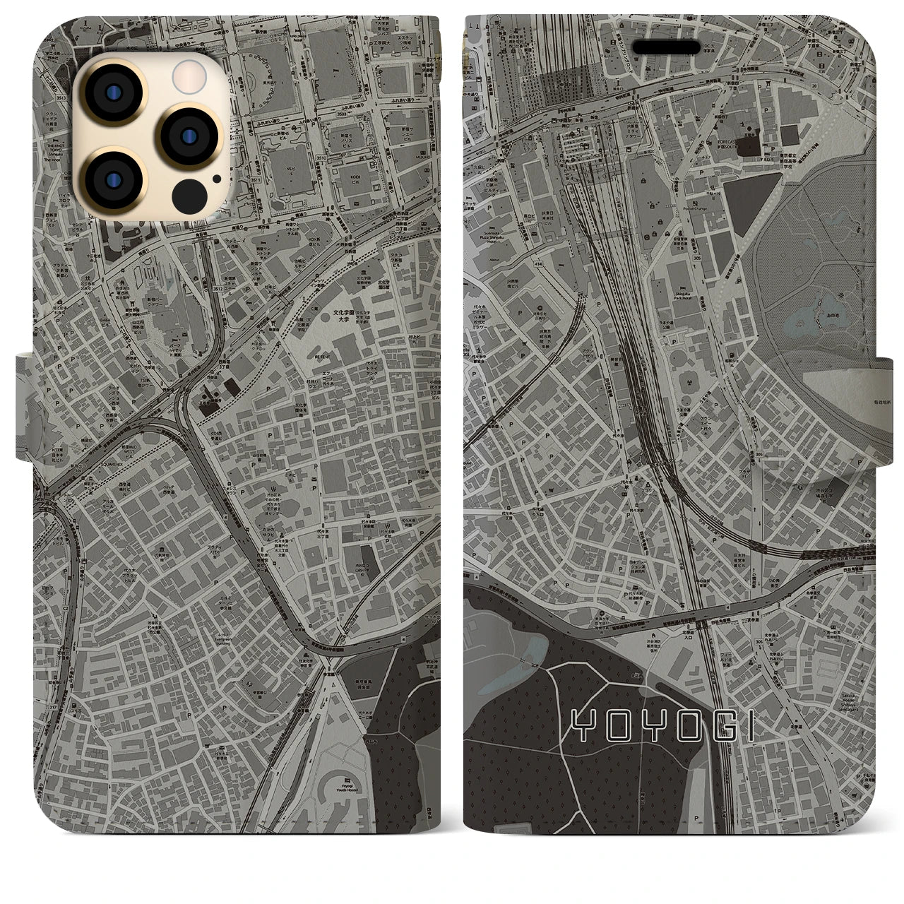 【代々木2(東京都)】地図柄iPhoneケース(手帳タイプ)モノトーン・iPhone 12 Pro Max 用
