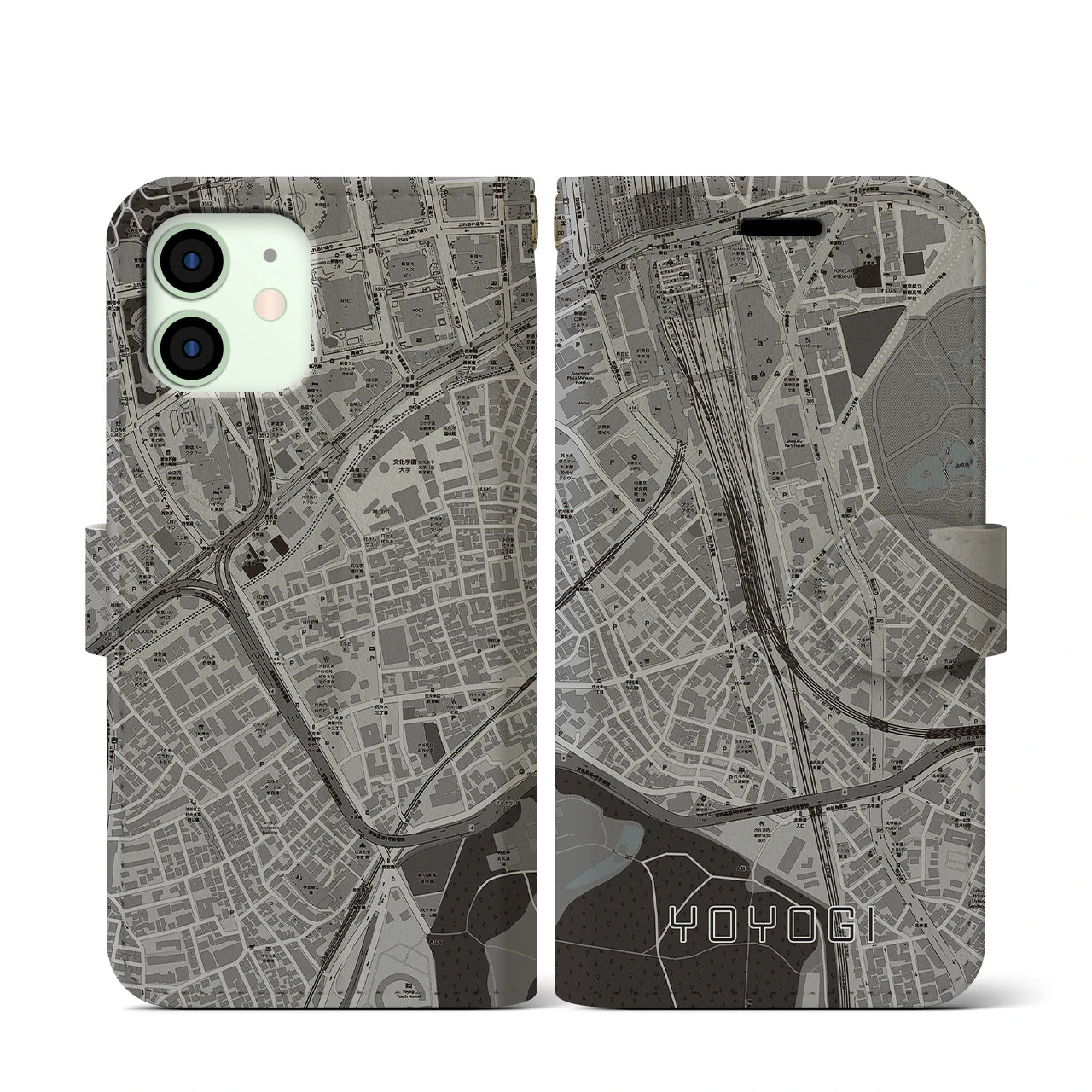 【代々木2(東京都)】地図柄iPhoneケース(手帳タイプ)モノトーン・iPhone 12 mini 用