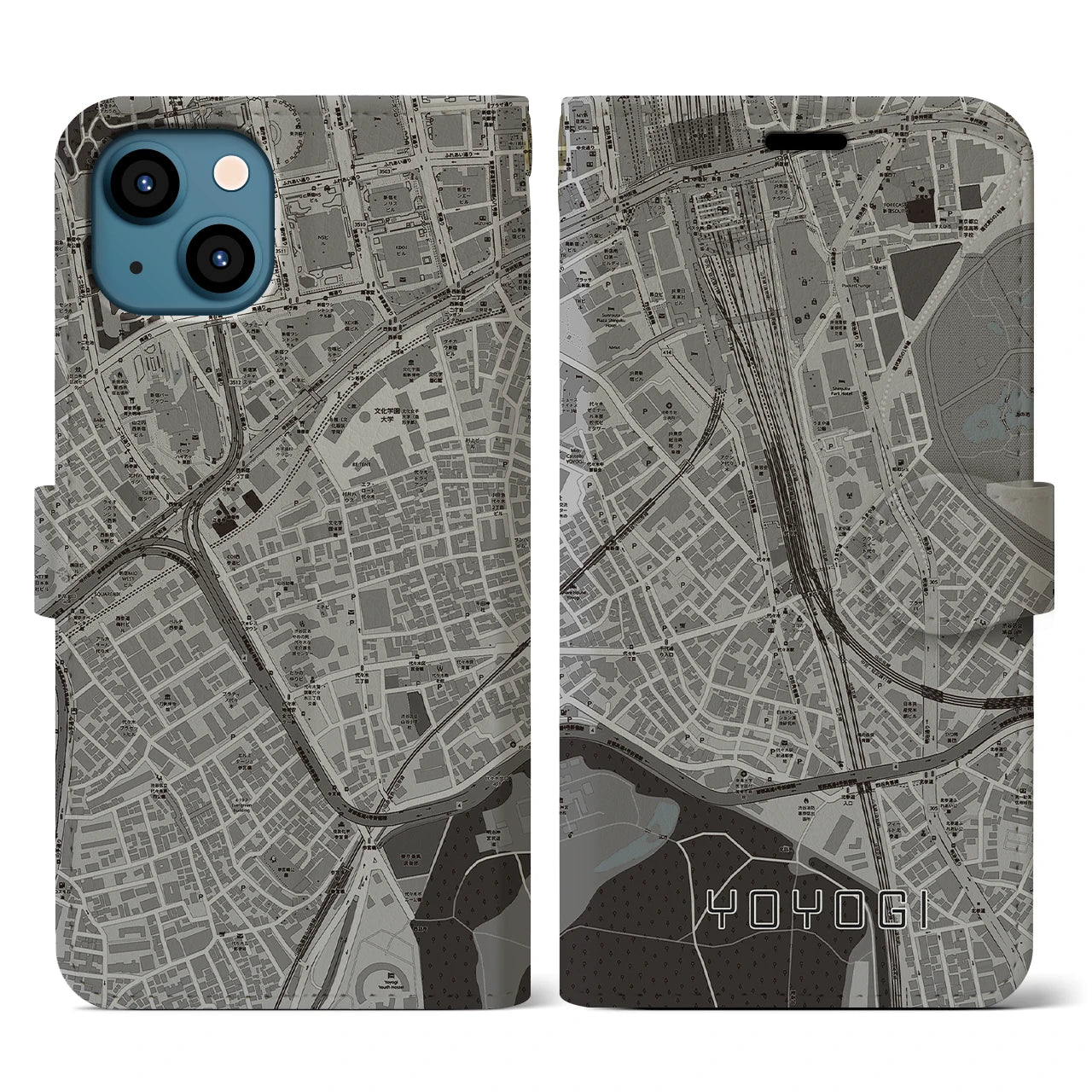【代々木2(東京都)】地図柄iPhoneケース(手帳タイプ)モノトーン・iPhone 13 用