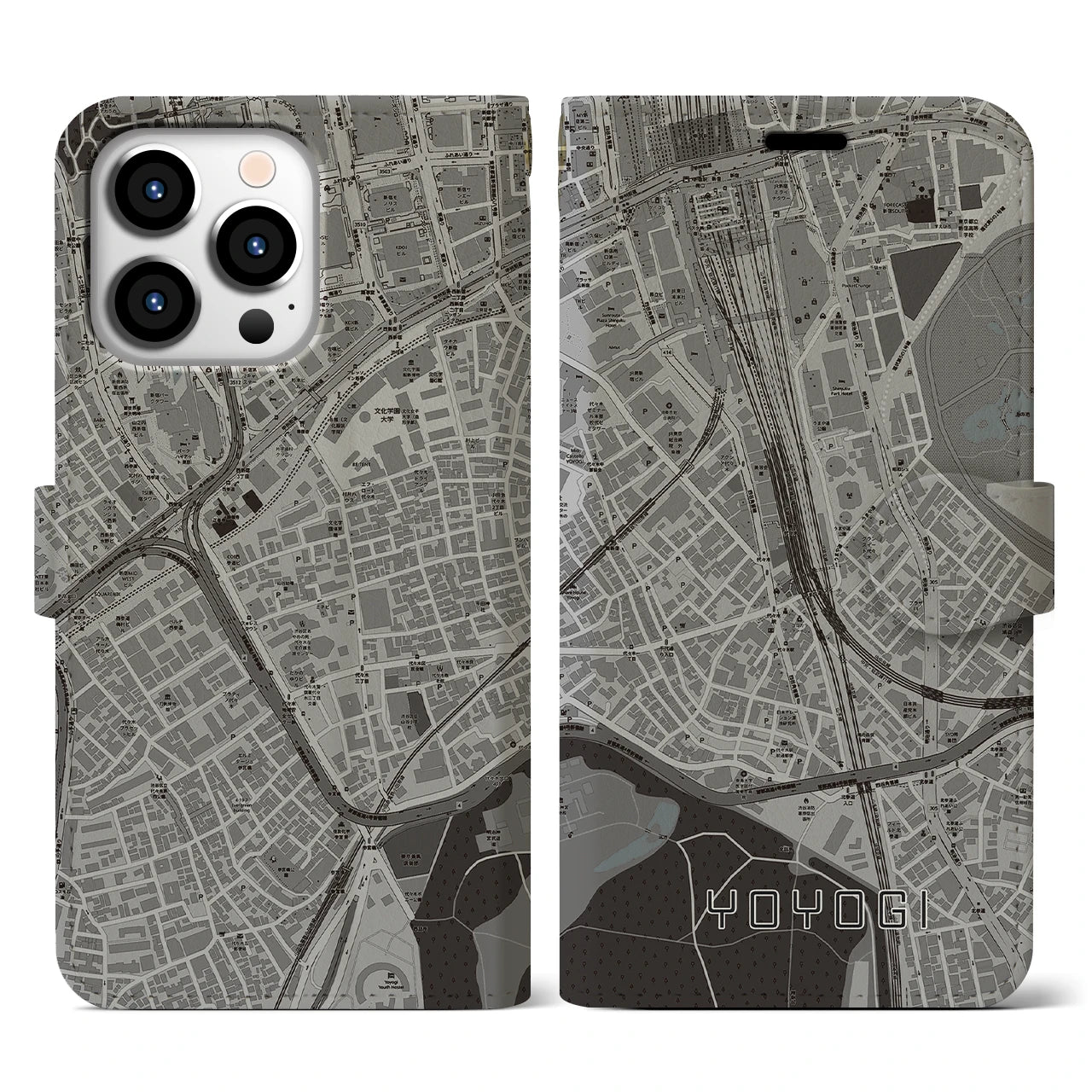 【代々木2(東京都)】地図柄iPhoneケース(手帳タイプ)モノトーン・iPhone 13 Pro 用