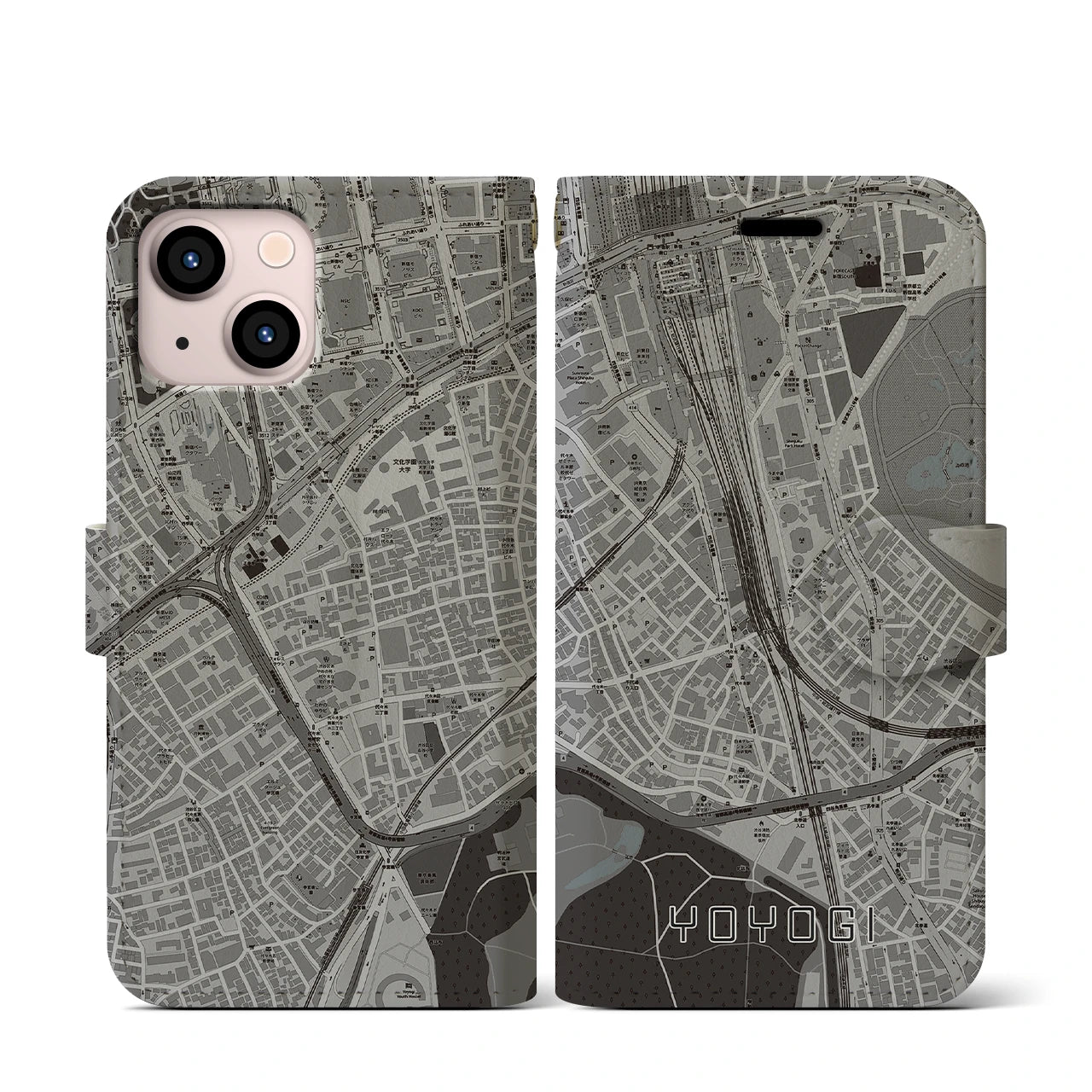 【代々木2(東京都)】地図柄iPhoneケース(手帳タイプ)モノトーン・iPhone 13 mini 用