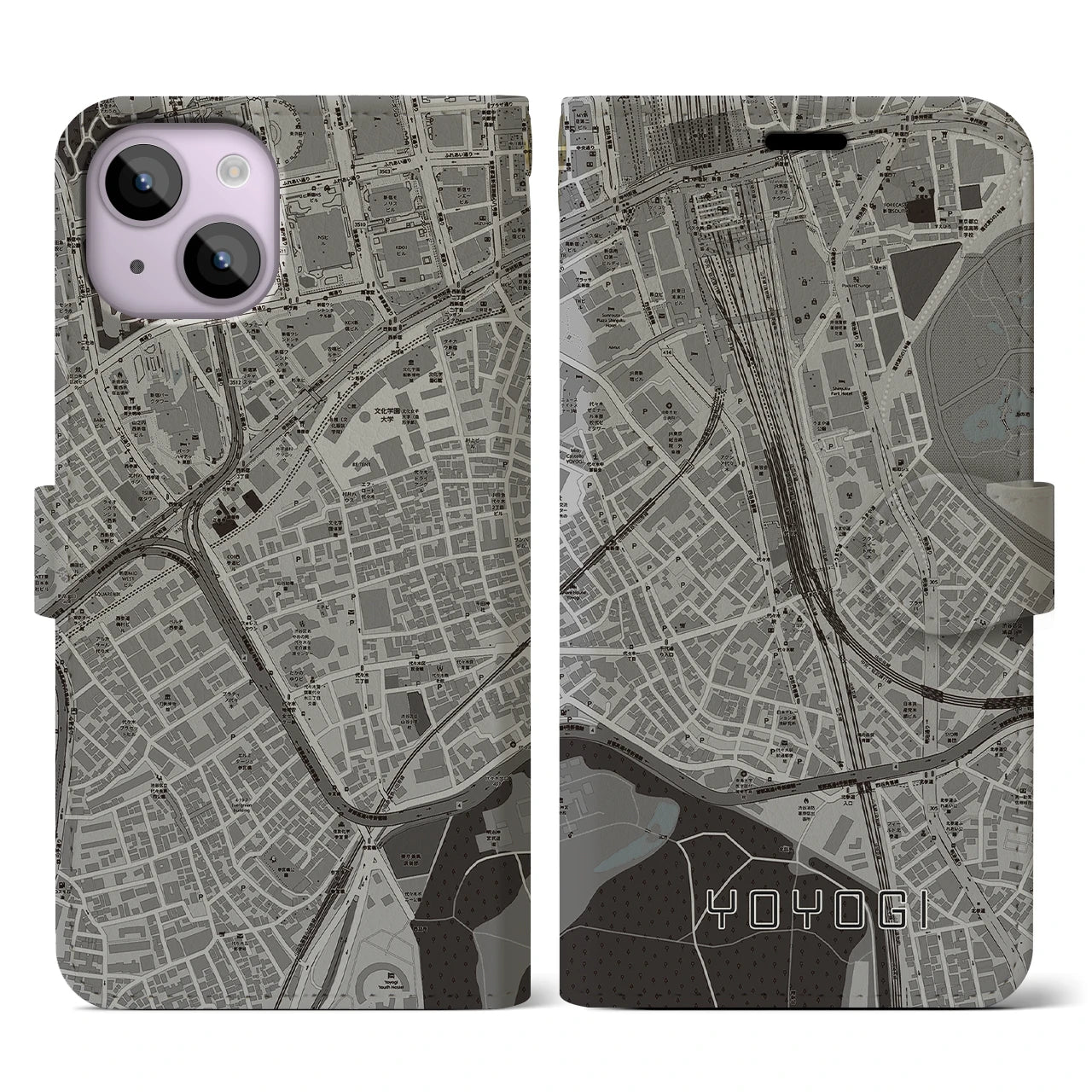 【代々木2(東京都)】地図柄iPhoneケース(手帳タイプ)モノトーン・iPhone 14 用