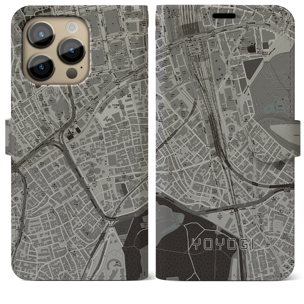 【代々木2(東京都)】地図柄iPhoneケース(手帳タイプ)モノトーン・iPhone 14 Pro Max 用