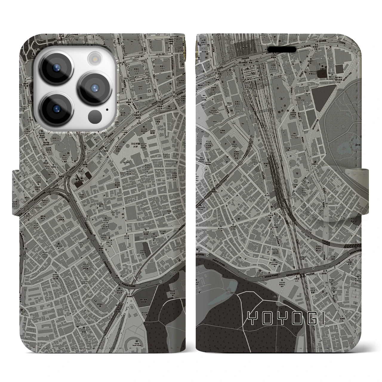 【代々木2(東京都)】地図柄iPhoneケース(手帳タイプ)モノトーン・iPhone 14 Pro 用