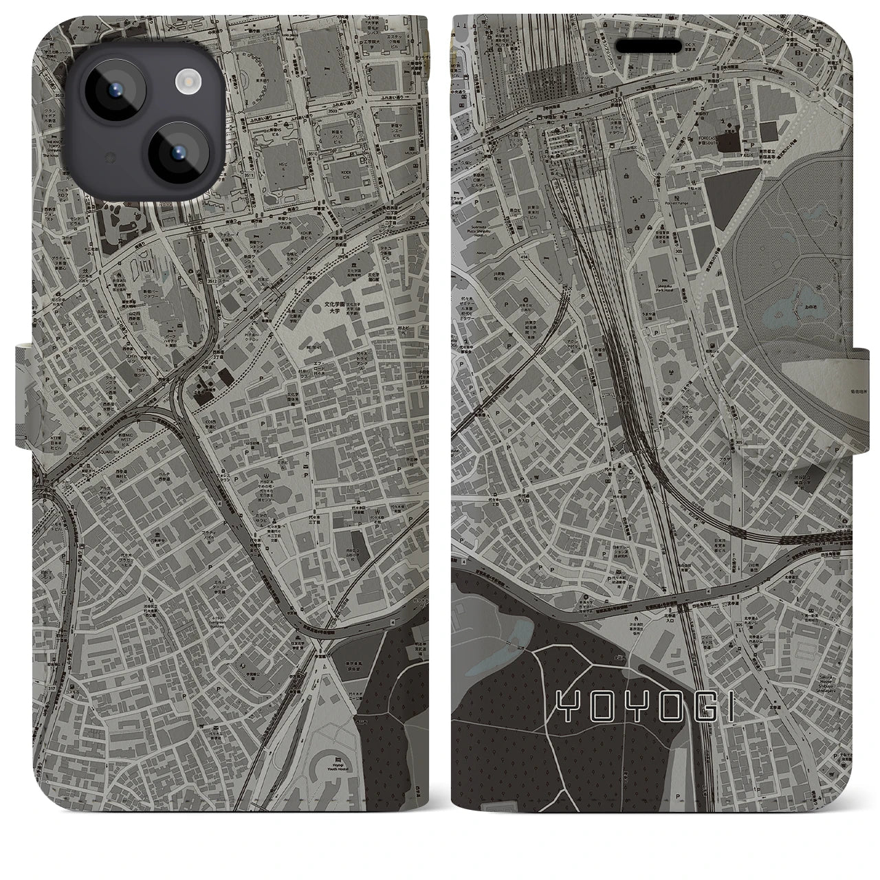 【代々木2(東京都)】地図柄iPhoneケース(手帳タイプ)モノトーン・iPhone 14 Plus 用
