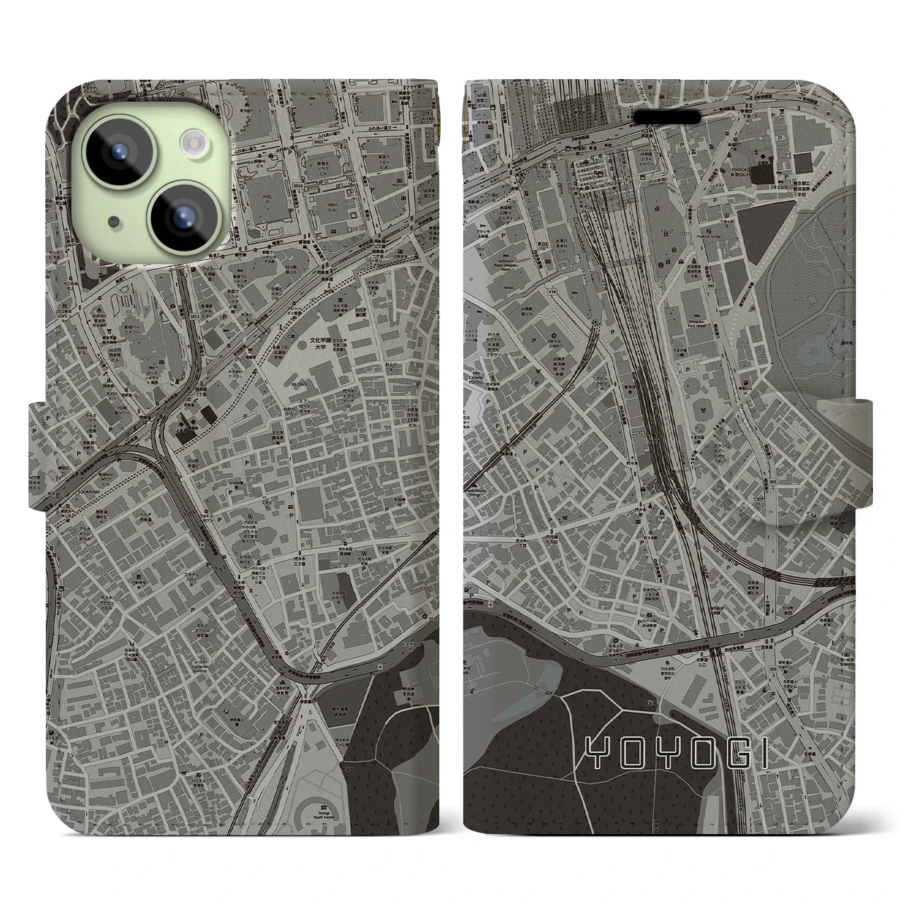 【代々木2(東京都)】地図柄iPhoneケース(手帳タイプ)モノトーン・iPhone 15 用