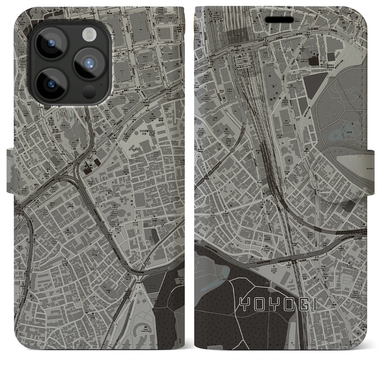 【代々木2(東京都)】地図柄iPhoneケース(手帳タイプ)モノトーン・iPhone 15 Pro Max 用