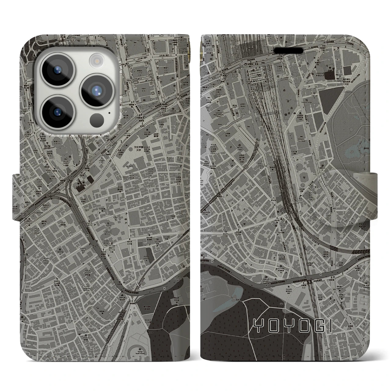 【代々木2(東京都)】地図柄iPhoneケース(手帳タイプ)モノトーン・iPhone 15 Pro 用