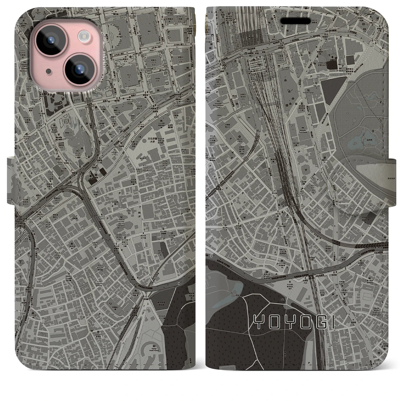 【代々木2(東京都)】地図柄iPhoneケース(手帳タイプ)モノトーン・iPhone 15 Plus 用