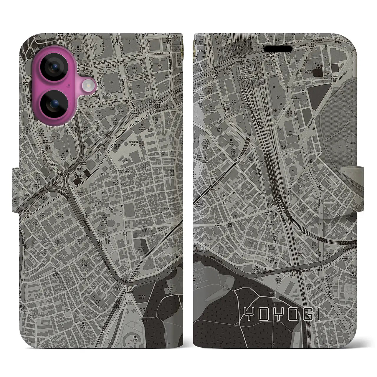 【代々木2(東京都)】地図柄iPhoneケース(手帳タイプ)モノトーン・iPhone 16 Pro 用