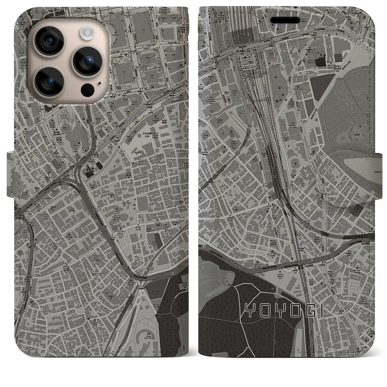 【代々木2(東京都)】地図柄iPhoneケース(手帳タイプ)モノトーン・iPhone 16 Plus 用