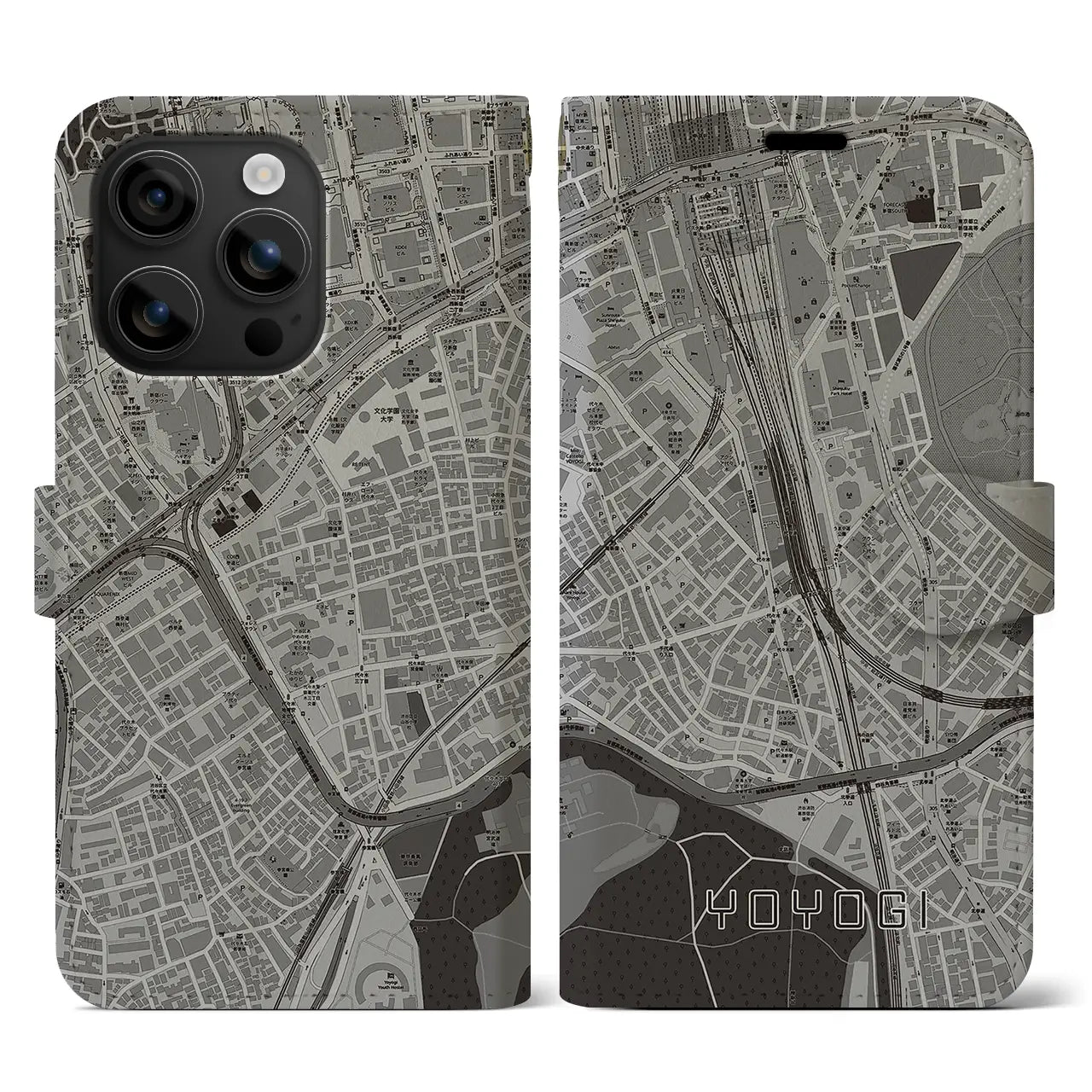 【代々木2(東京都)】地図柄iPhoneケース(手帳タイプ)モノトーン・iPhone 16 用