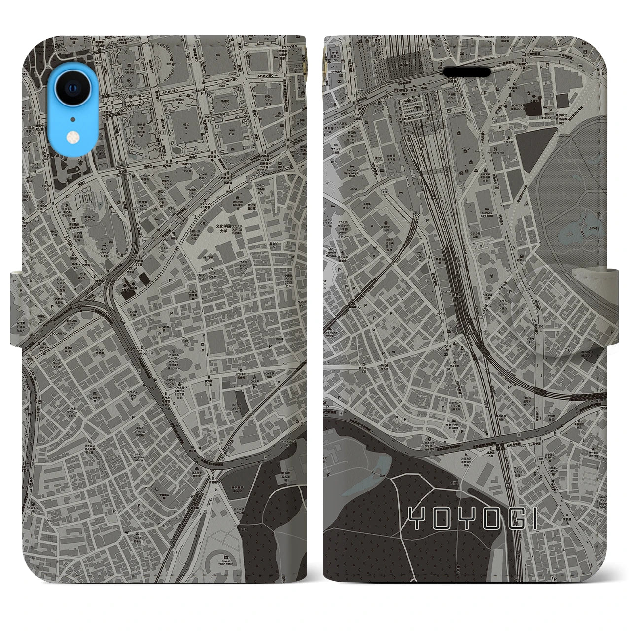 【代々木2(東京都)】地図柄iPhoneケース(手帳タイプ)モノトーン・iPhone XR 用