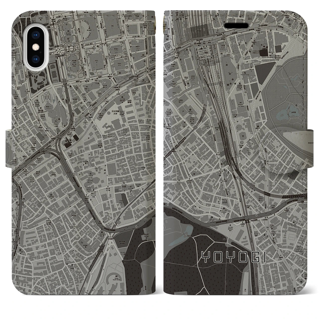 【代々木2(東京都)】地図柄iPhoneケース(手帳タイプ)モノトーン・iPhone XS Max 用