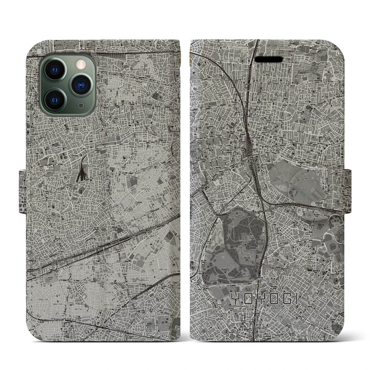 【代々木(東京都)】地図柄iPhoneケース(手帳タイプ)モノトーン・iPhone 11 Pro 用