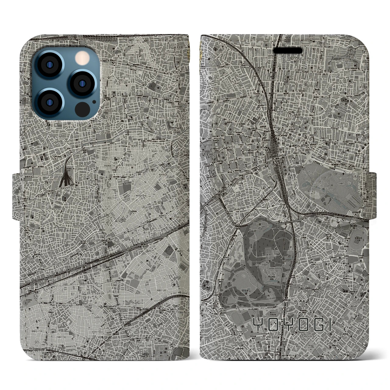 【代々木(東京都)】地図柄iPhoneケース(手帳タイプ)モノトーン・iPhone 12 / 12 Pro 用