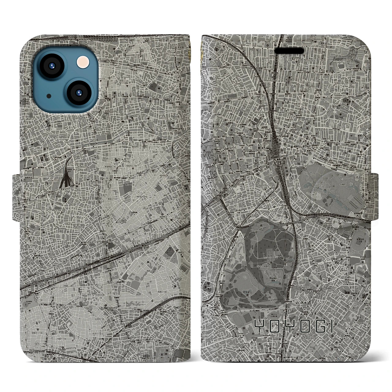 【代々木(東京都)】地図柄iPhoneケース(手帳タイプ)モノトーン・iPhone 13 用