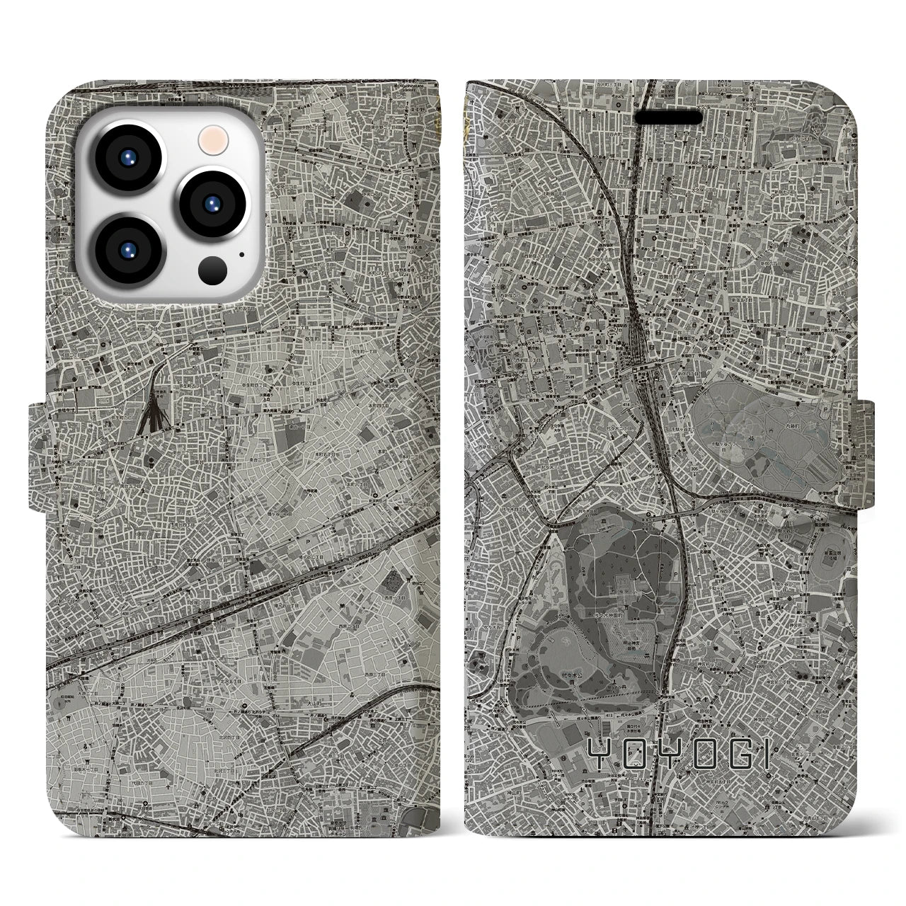 【代々木(東京都)】地図柄iPhoneケース(手帳タイプ)モノトーン・iPhone 13 Pro 用