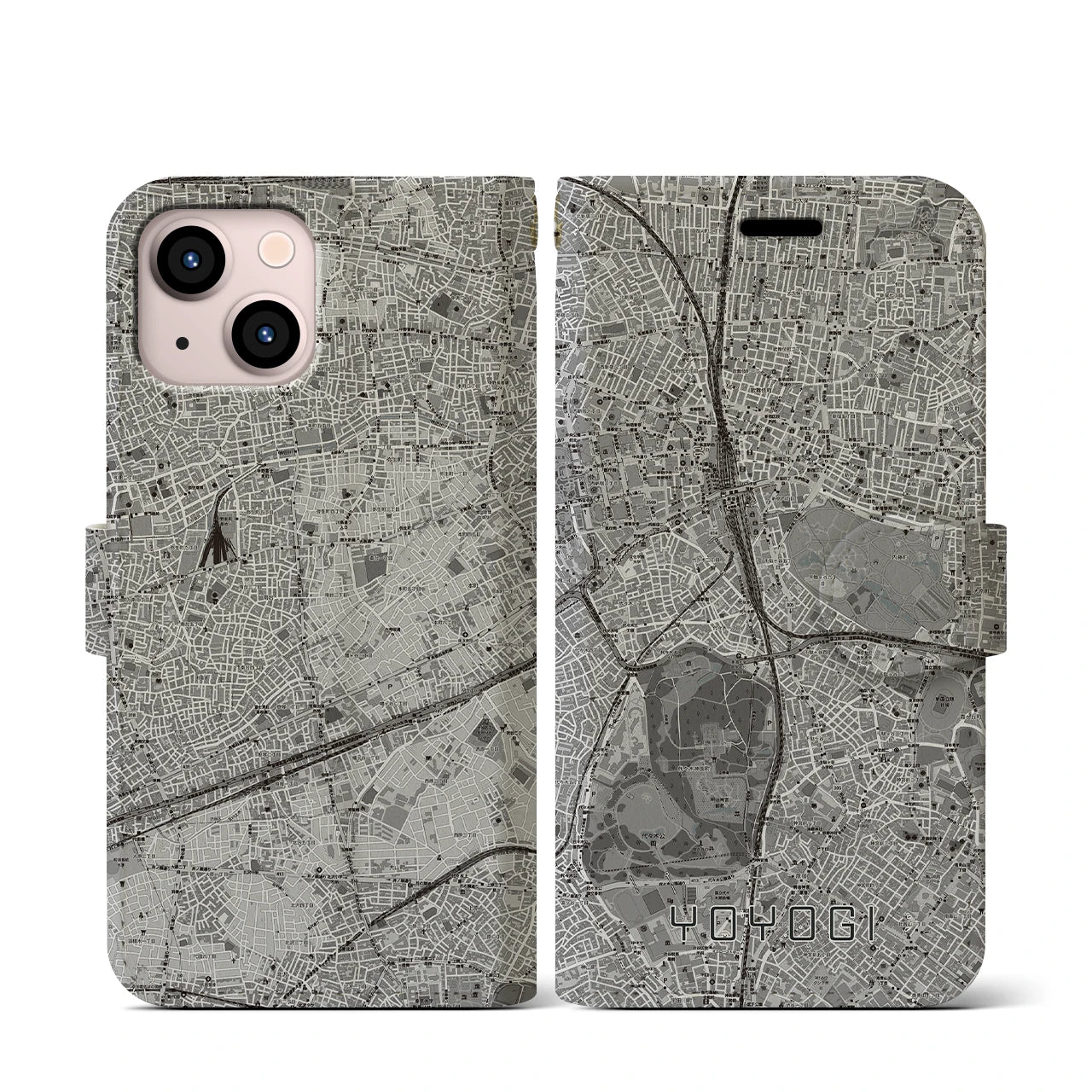 【代々木(東京都)】地図柄iPhoneケース(手帳タイプ)モノトーン・iPhone 13 mini 用