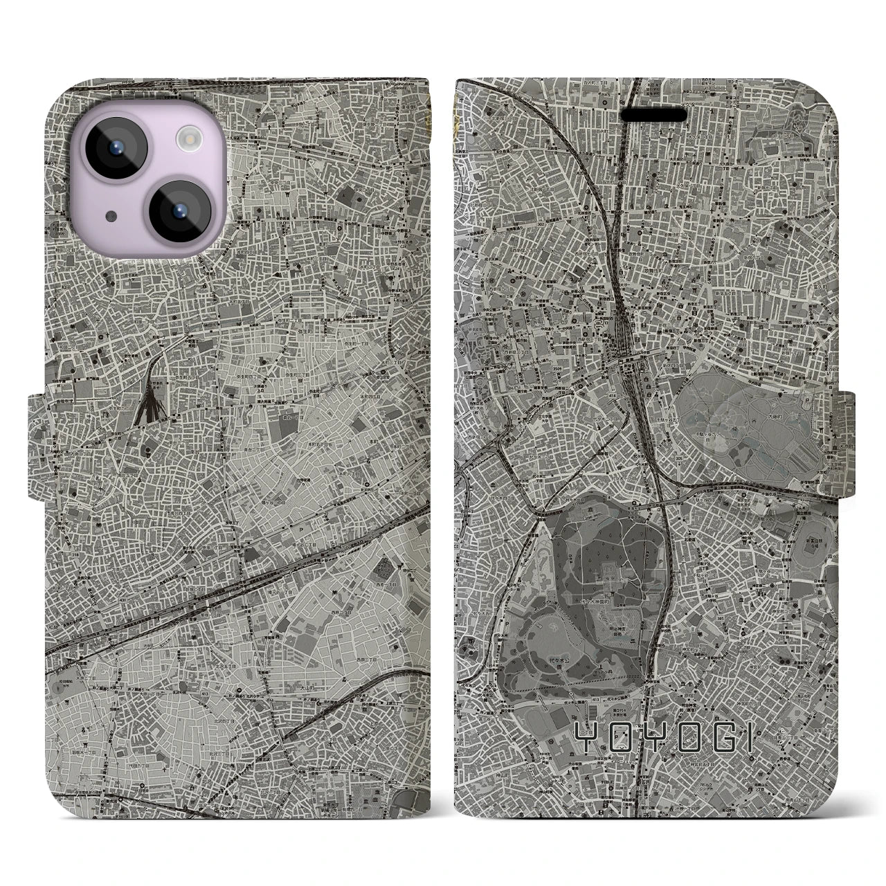 【代々木(東京都)】地図柄iPhoneケース(手帳タイプ)モノトーン・iPhone 14 用