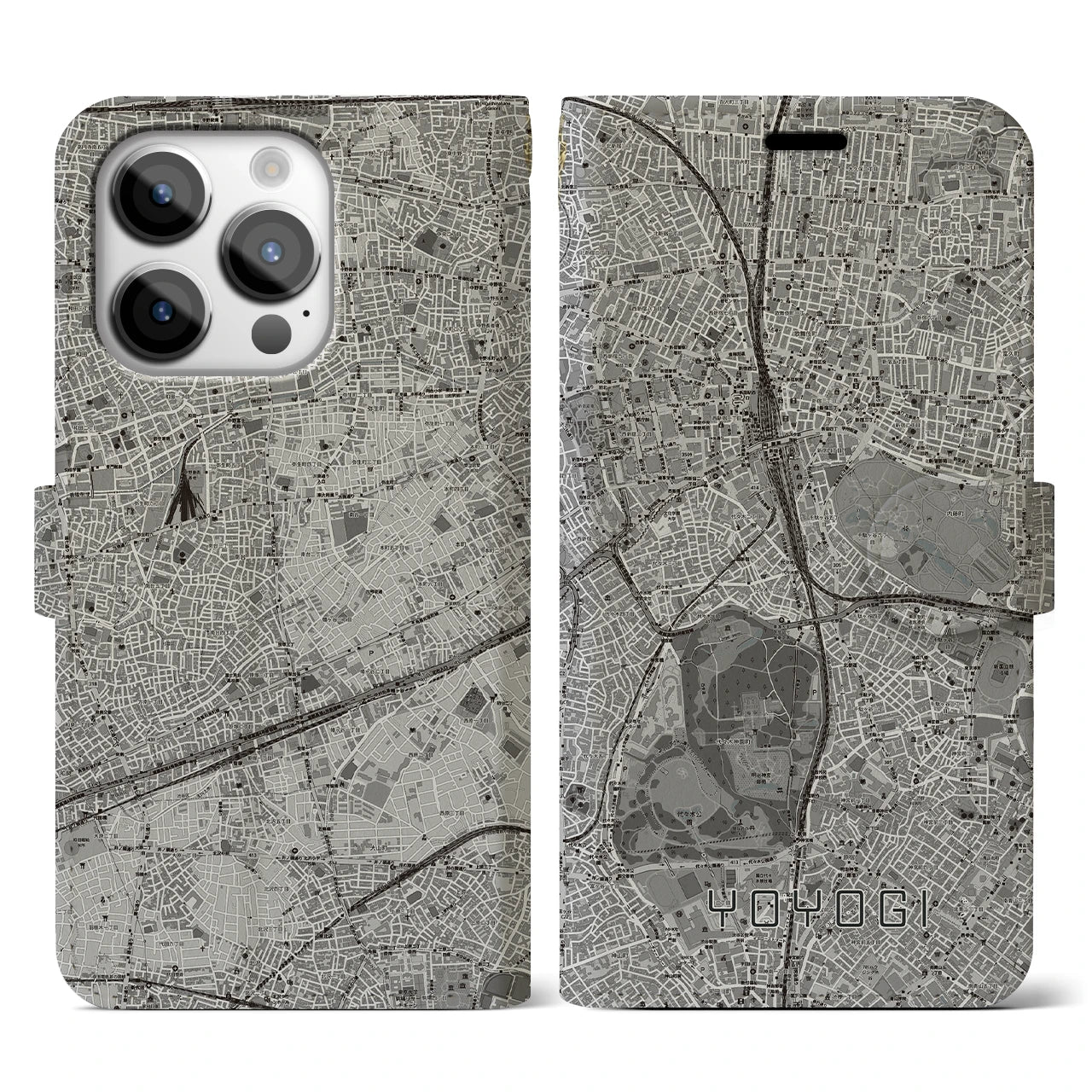 【代々木(東京都)】地図柄iPhoneケース(手帳タイプ)モノトーン・iPhone 14 Pro 用