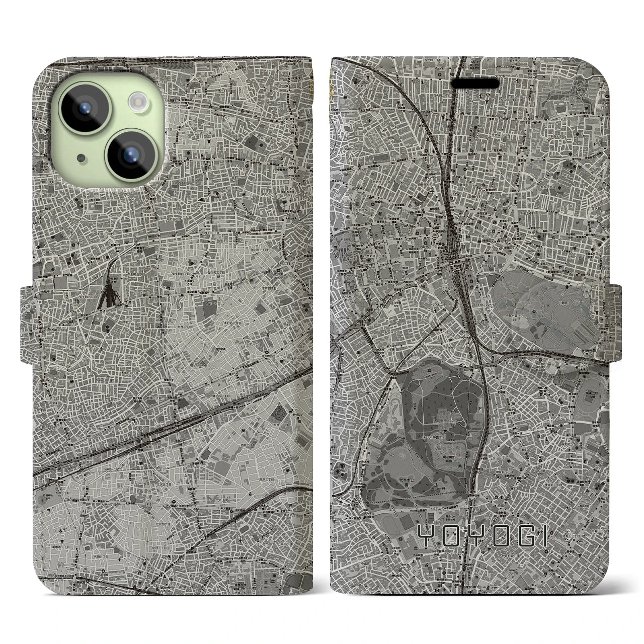 【代々木(東京都)】地図柄iPhoneケース(手帳タイプ)モノトーン・iPhone 15 用