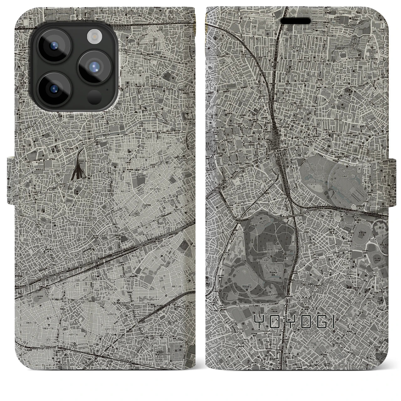 【代々木(東京都)】地図柄iPhoneケース(手帳タイプ)モノトーン・iPhone 15 Pro Max 用