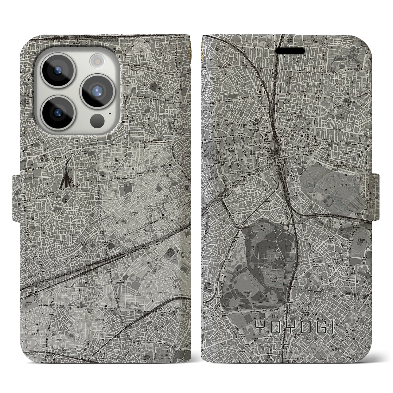【代々木(東京都)】地図柄iPhoneケース(手帳タイプ)モノトーン・iPhone 15 Pro 用
