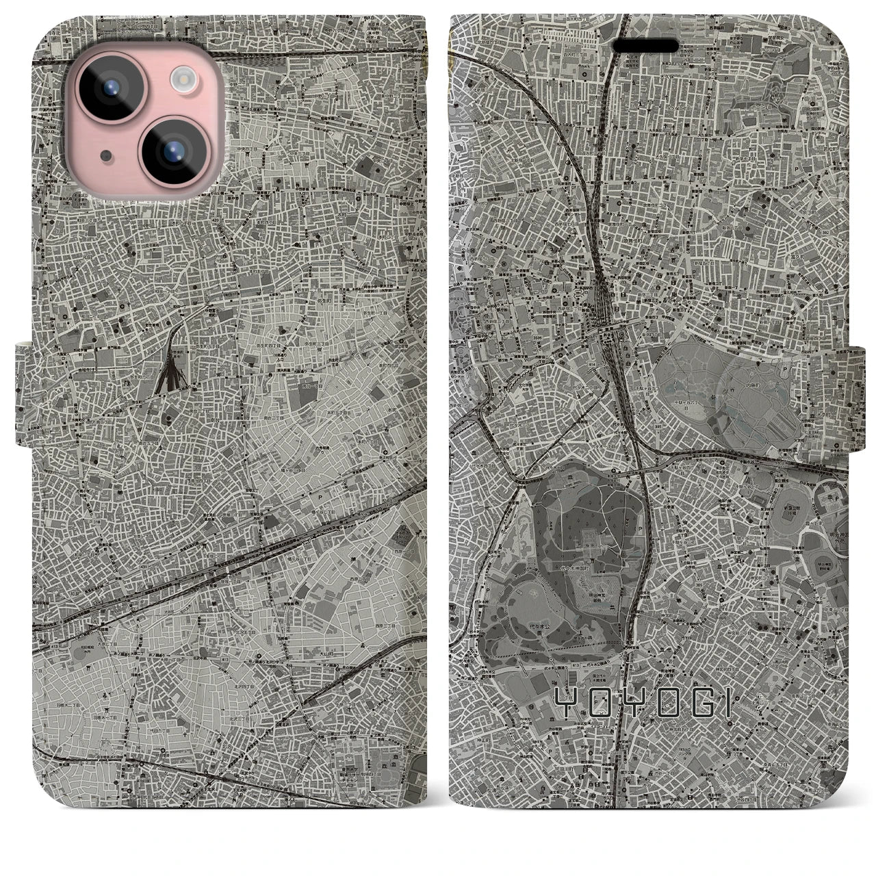 【代々木(東京都)】地図柄iPhoneケース(手帳タイプ)モノトーン・iPhone 15 Plus 用