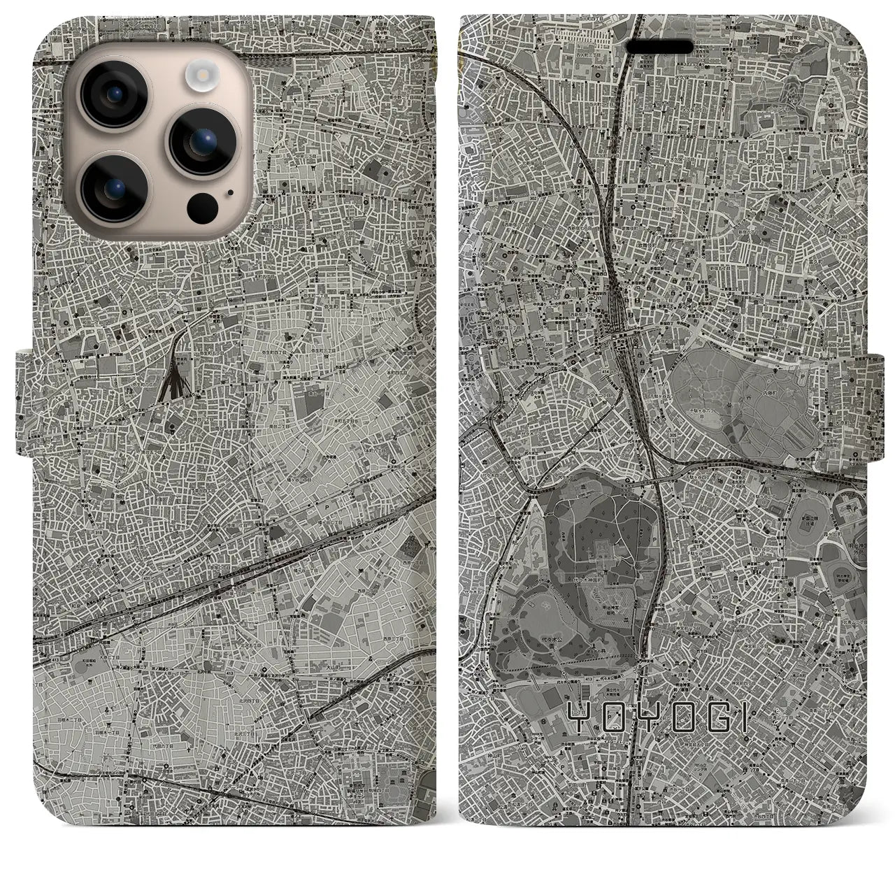 【代々木(東京都)】地図柄iPhoneケース(手帳タイプ)モノトーン・iPhone 16 Plus 用