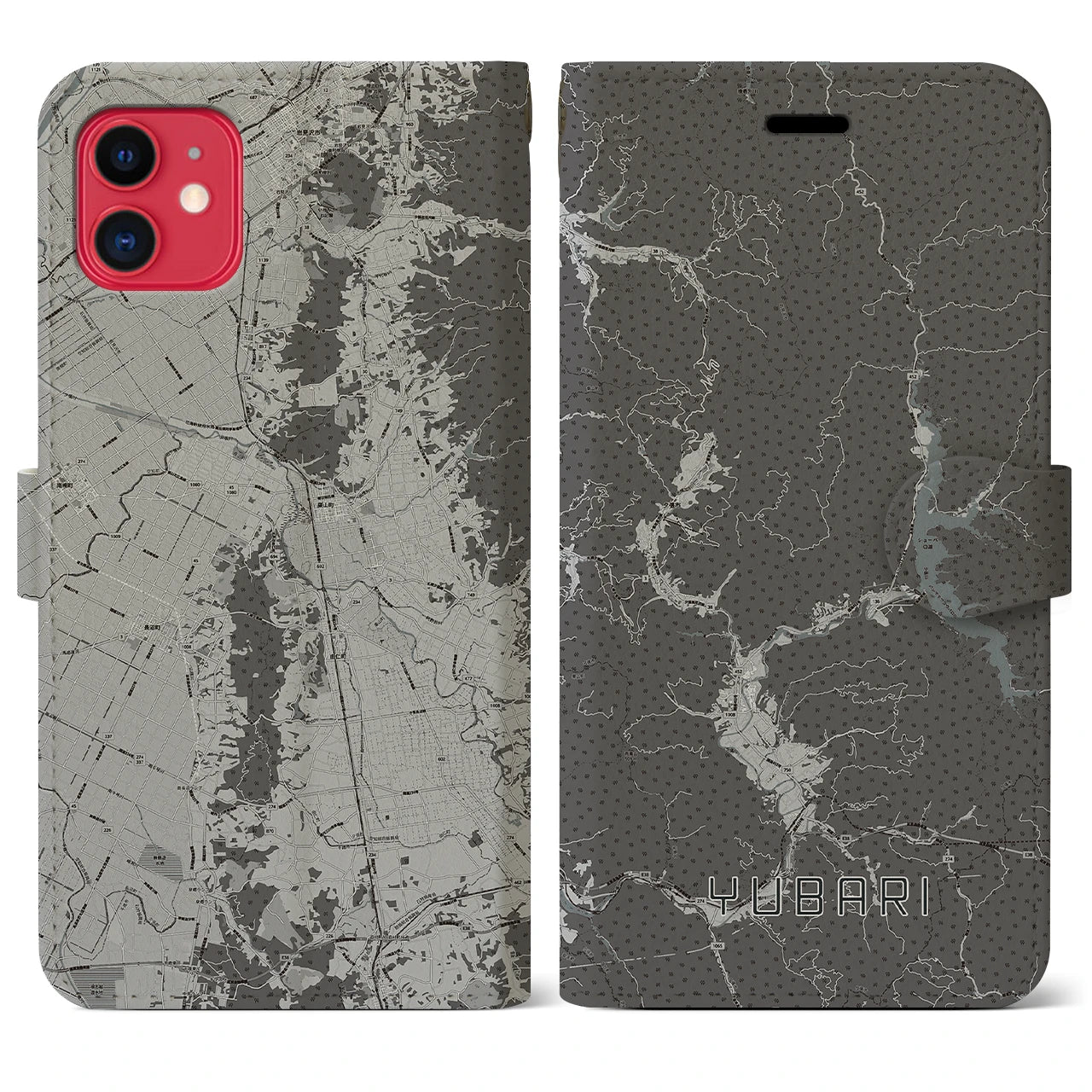 【夕張(北海道)】地図柄iPhoneケース(手帳タイプ)モノトーン・iPhone 11 用