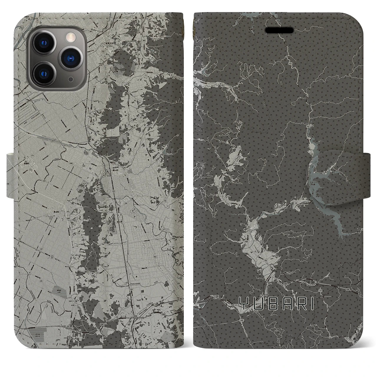 【夕張(北海道)】地図柄iPhoneケース(手帳タイプ)モノトーン・iPhone 11 Pro Max 用