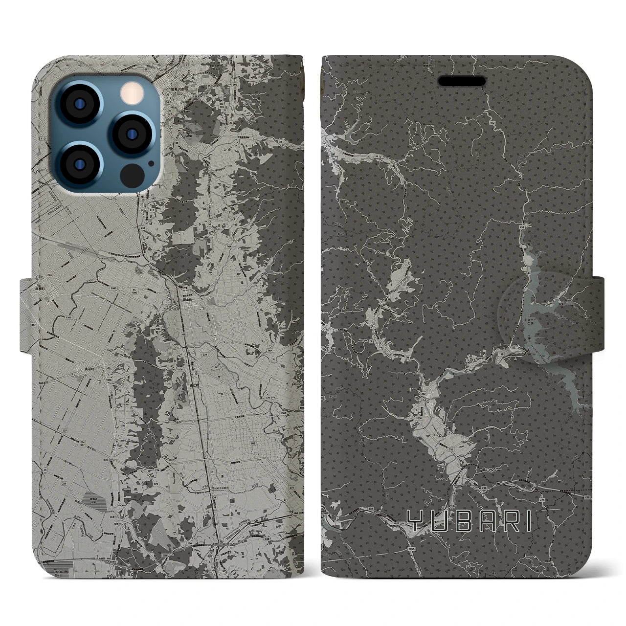 【夕張(北海道)】地図柄iPhoneケース(手帳タイプ)モノトーン・iPhone 12 / 12 Pro 用