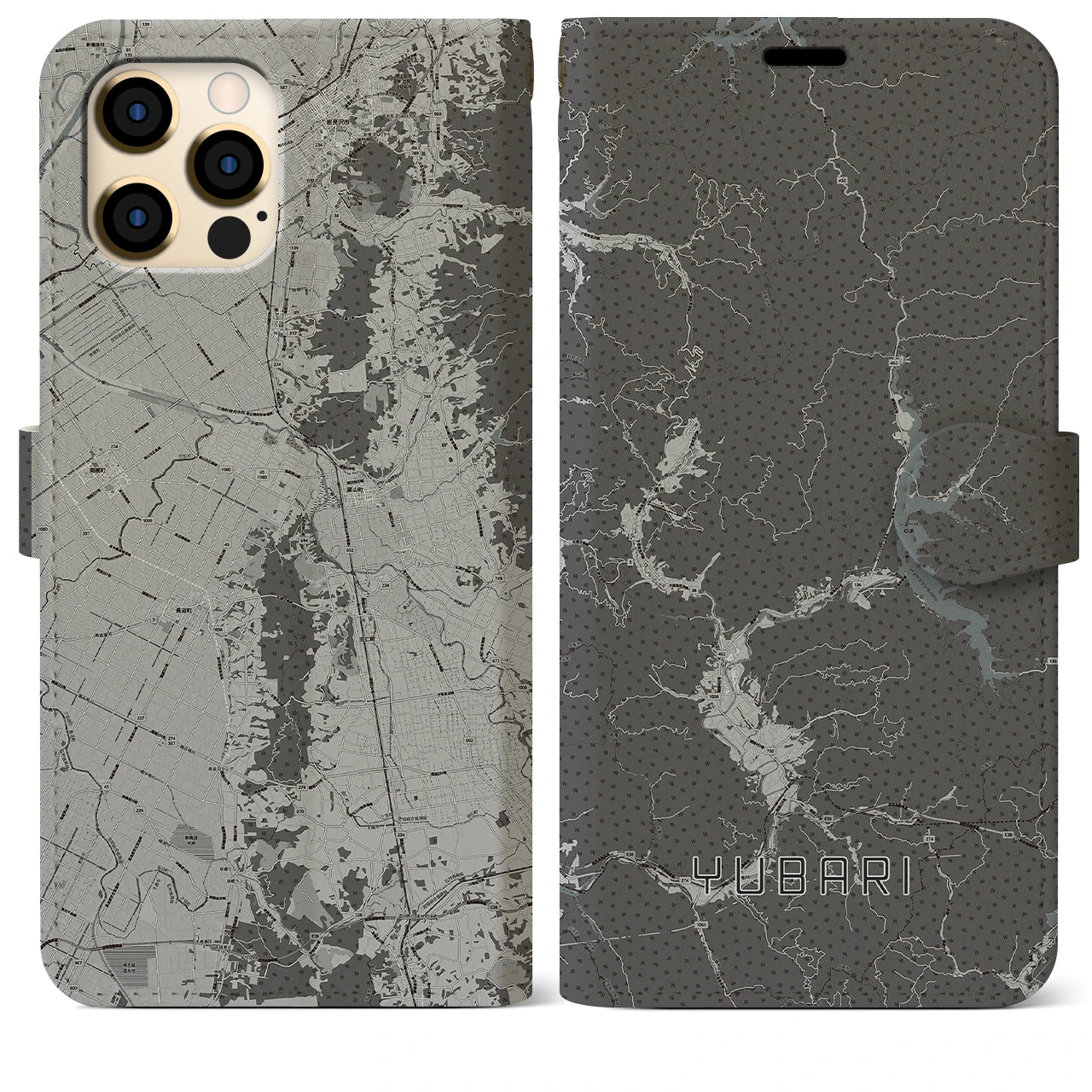 【夕張(北海道)】地図柄iPhoneケース(手帳タイプ)モノトーン・iPhone 12 Pro Max 用