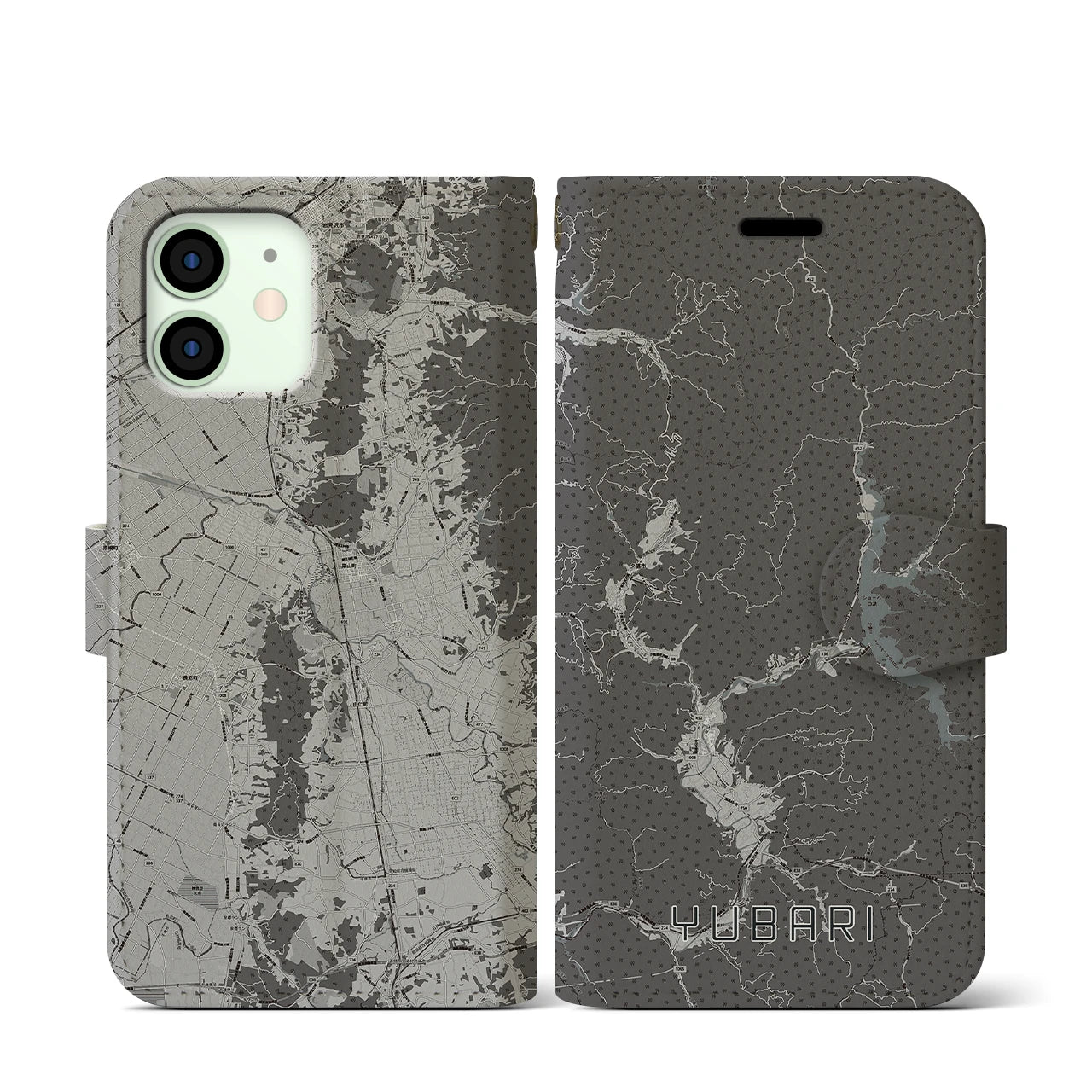 【夕張(北海道)】地図柄iPhoneケース(手帳タイプ)モノトーン・iPhone 12 mini 用