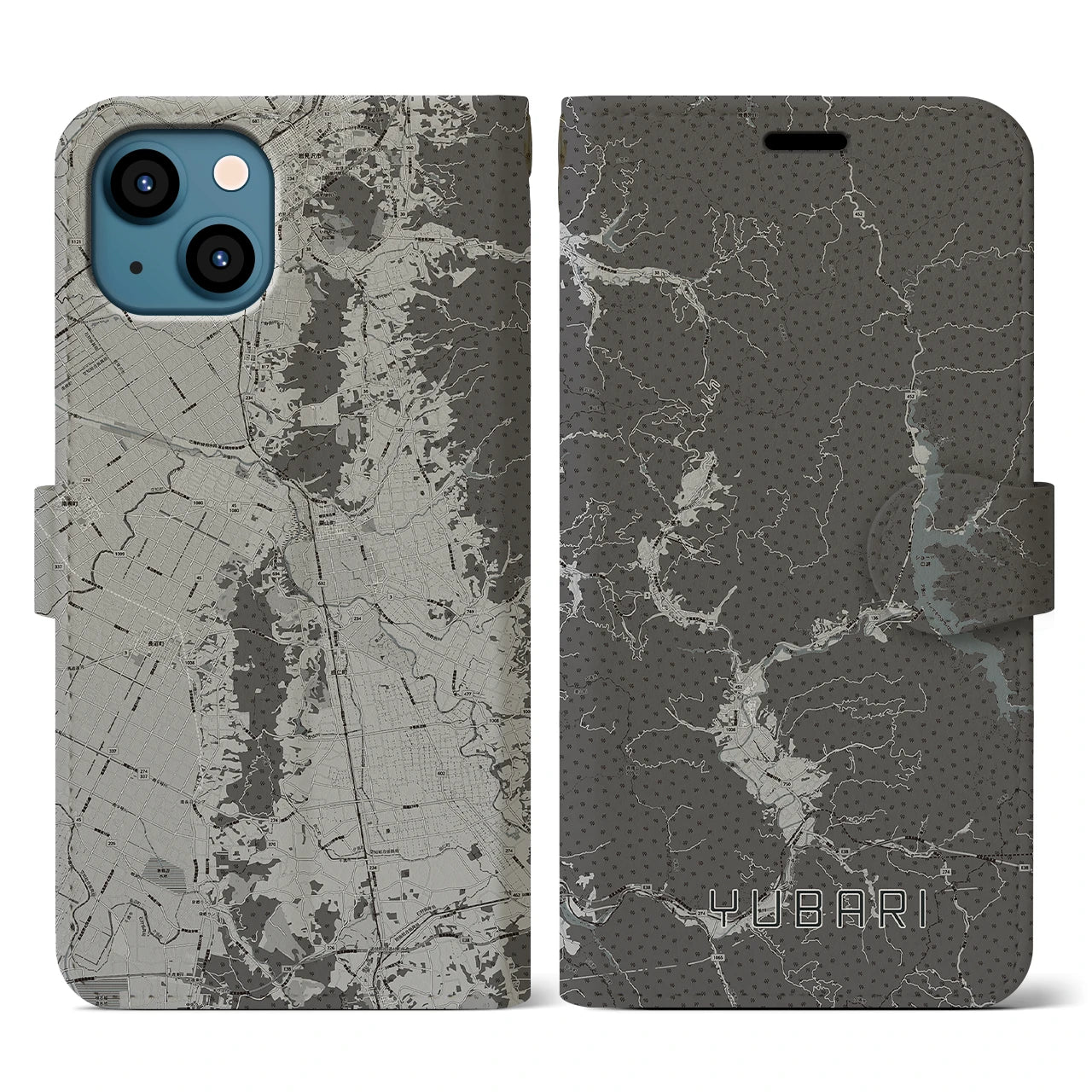 【夕張(北海道)】地図柄iPhoneケース(手帳タイプ)モノトーン・iPhone 13 用