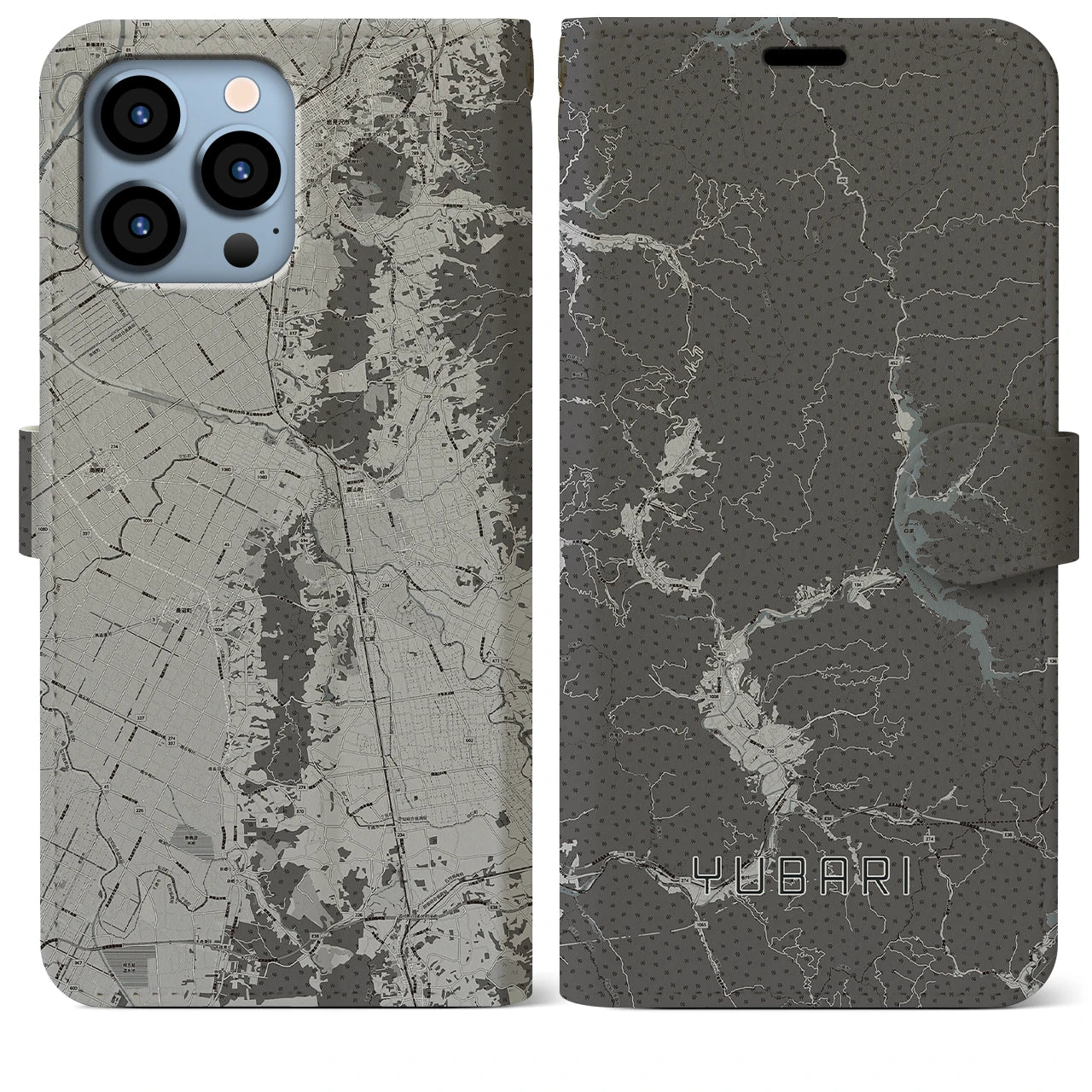 【夕張(北海道)】地図柄iPhoneケース(手帳タイプ)モノトーン・iPhone 13 Pro Max 用