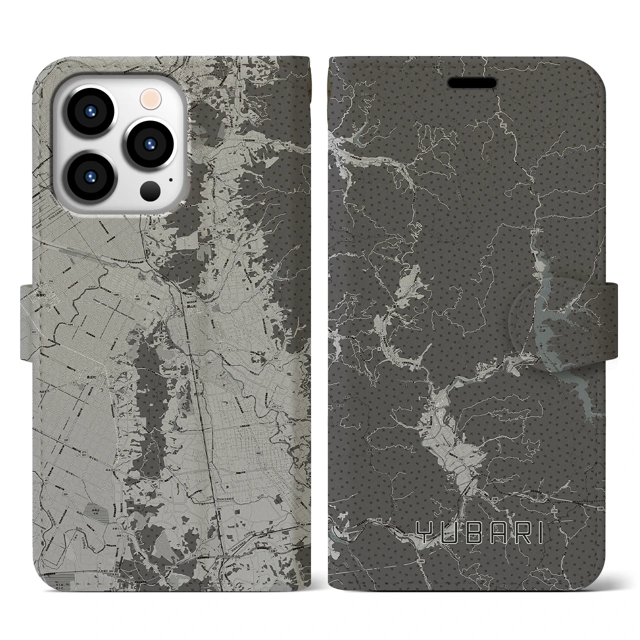 【夕張(北海道)】地図柄iPhoneケース(手帳タイプ)モノトーン・iPhone 13 Pro 用