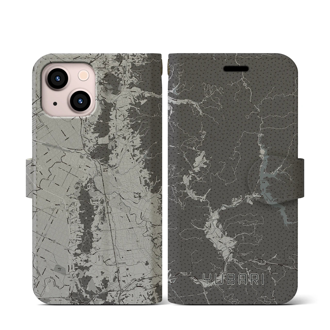 【夕張(北海道)】地図柄iPhoneケース(手帳タイプ)モノトーン・iPhone 13 mini 用