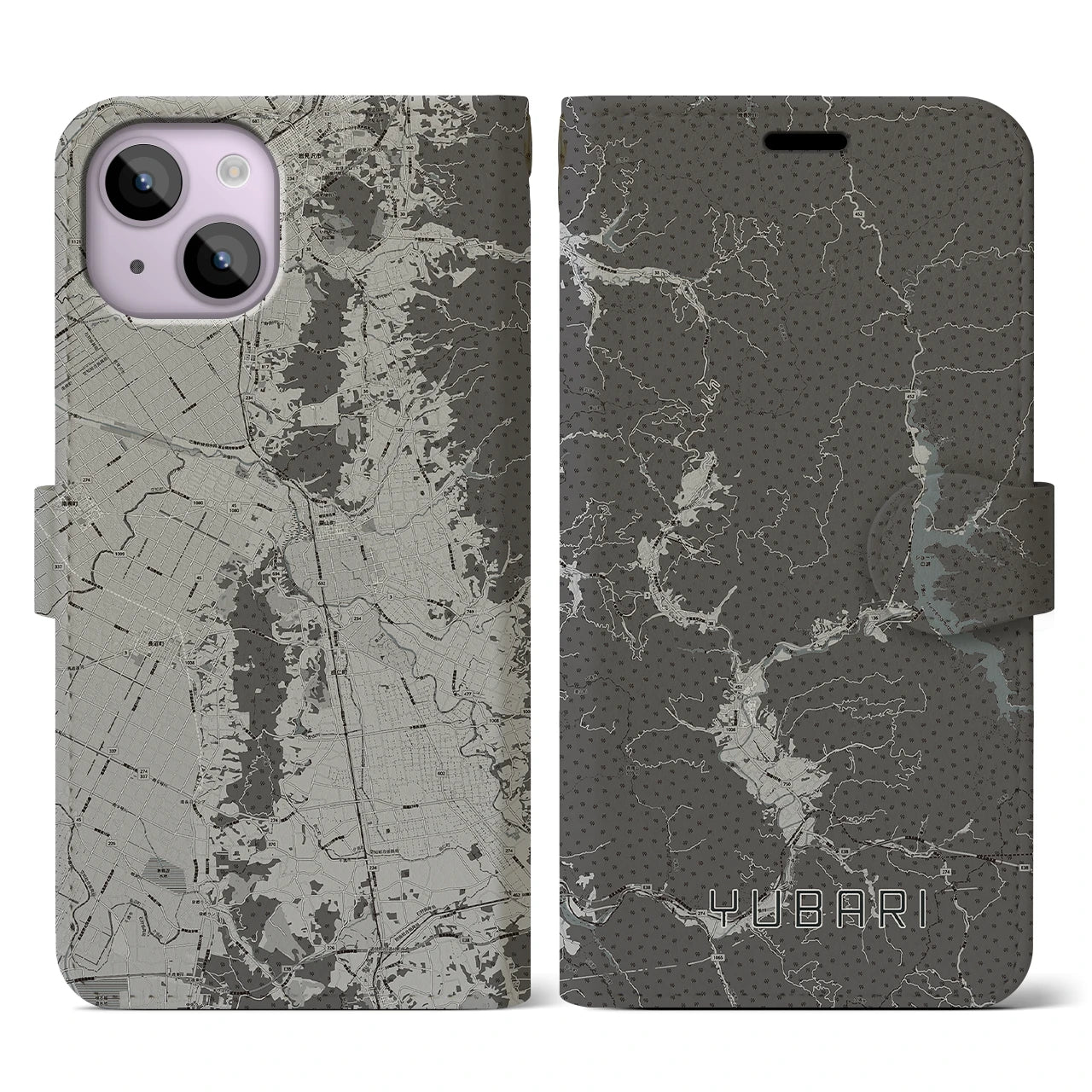 【夕張(北海道)】地図柄iPhoneケース(手帳タイプ)モノトーン・iPhone 14 用