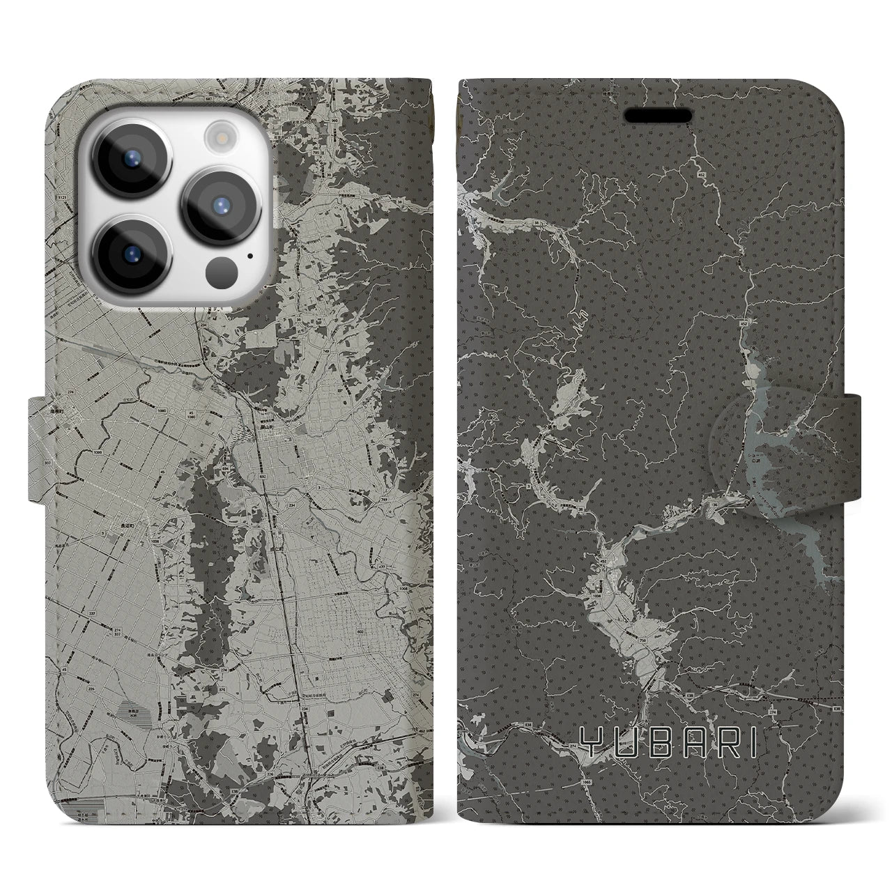 【夕張(北海道)】地図柄iPhoneケース(手帳タイプ)モノトーン・iPhone 14 Pro 用