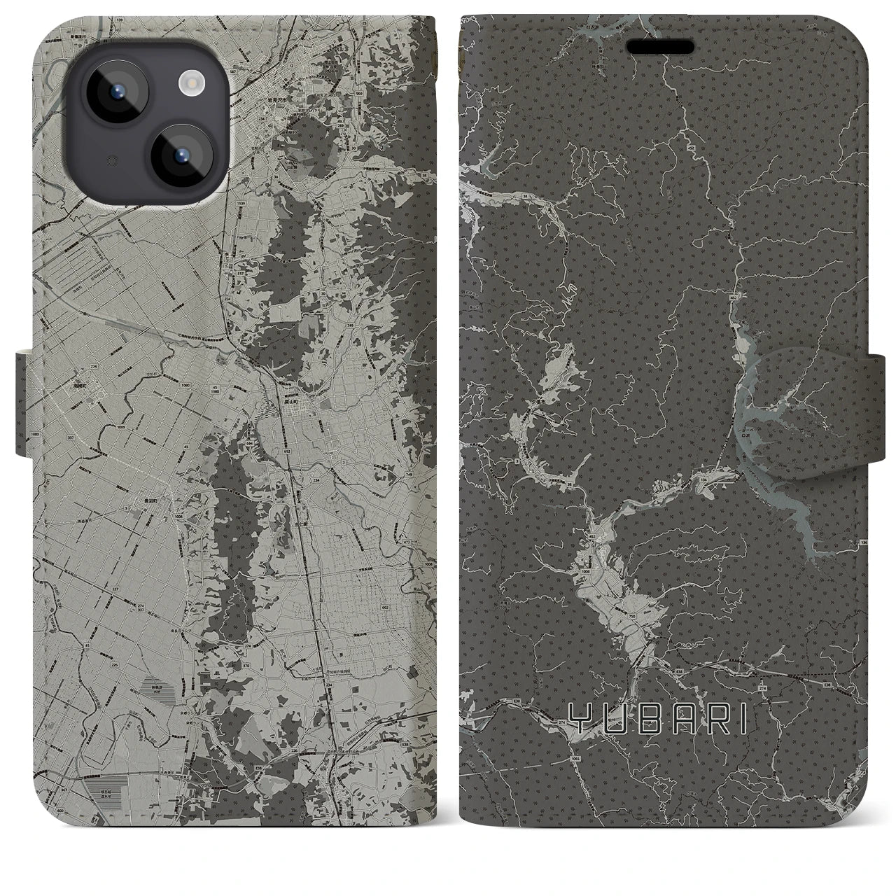 【夕張(北海道)】地図柄iPhoneケース(手帳タイプ)モノトーン・iPhone 14 Plus 用