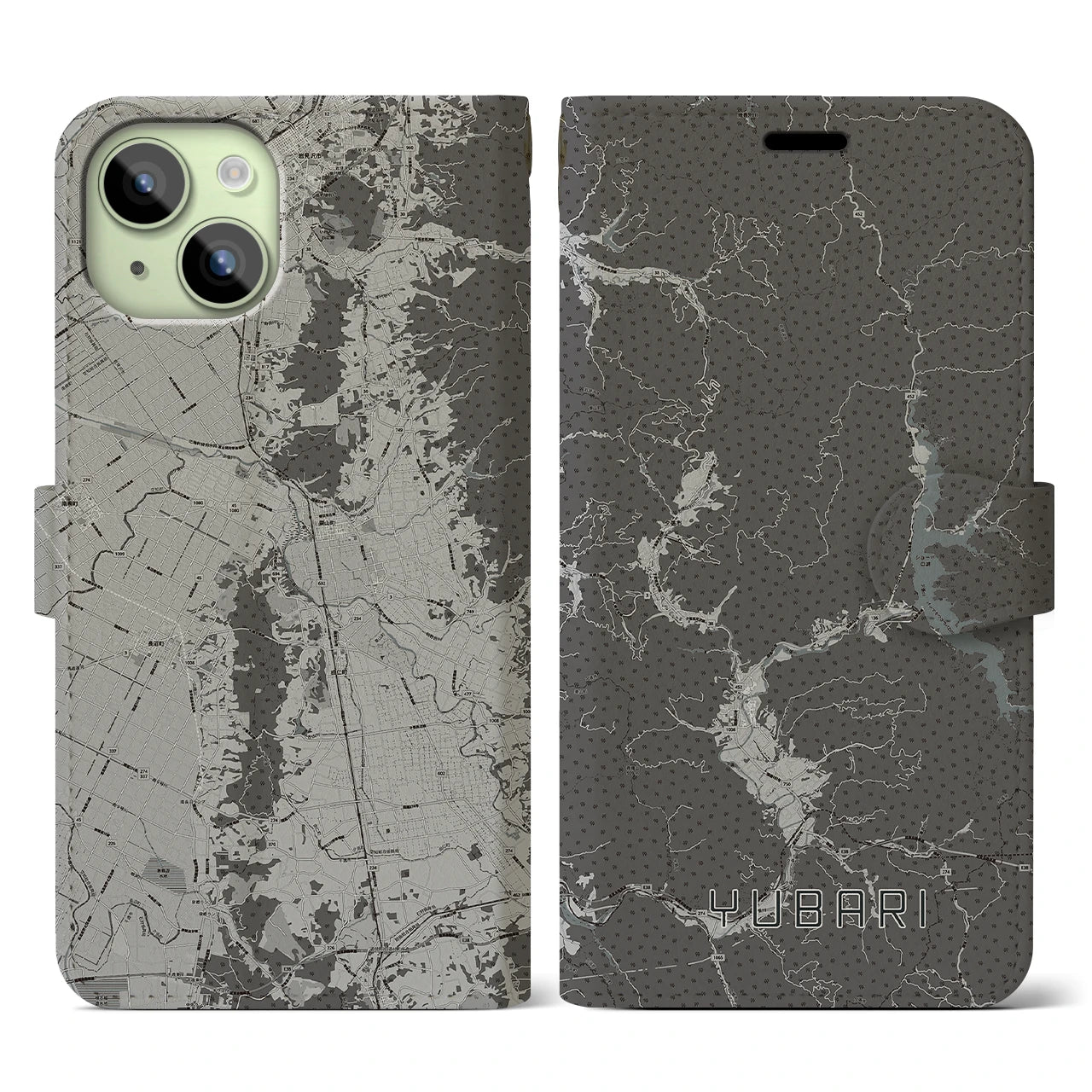 【夕張(北海道)】地図柄iPhoneケース(手帳タイプ)モノトーン・iPhone 15 用