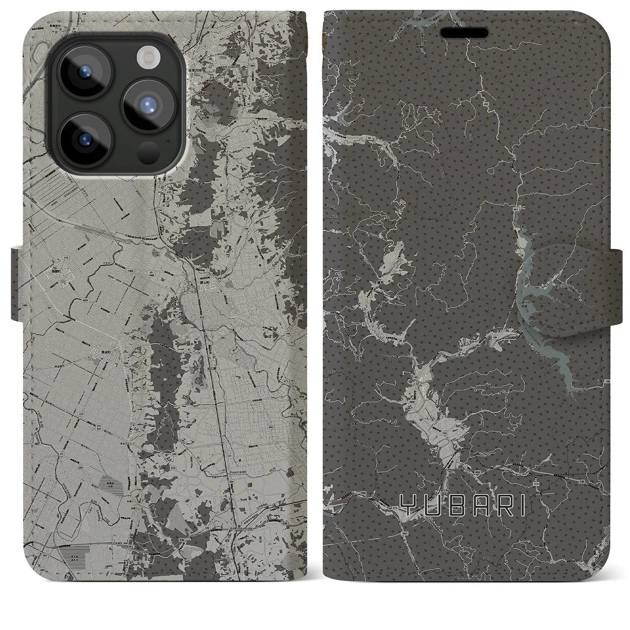 【夕張(北海道)】地図柄iPhoneケース(手帳タイプ)モノトーン・iPhone 15 Pro Max 用