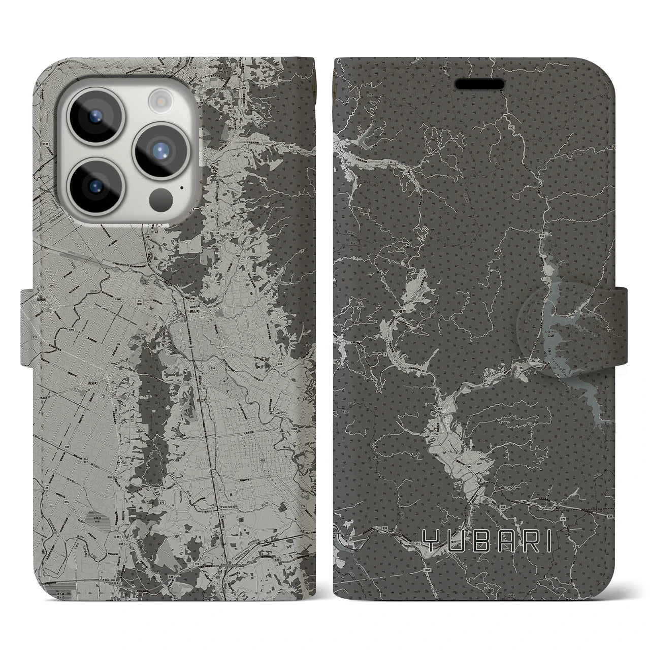 【夕張(北海道)】地図柄iPhoneケース(手帳タイプ)モノトーン・iPhone 15 Pro 用
